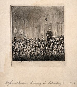 view James Graham lecturing from a podium, to a crowd of ladies and gentlemen. Etching by J. Kay, 1785, after himself.