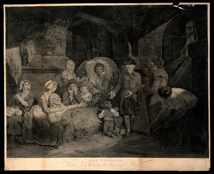 John Howard visiting a prison: a group of inmates sitting or lying on the floor. Etching by J. Hogg after F. Wheatley, 1787.