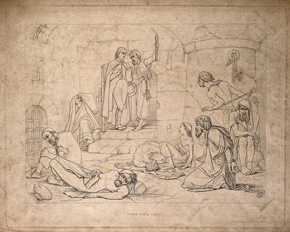 John Howard visiting a prison: prisoners laying on the floor, some chained to the wall. Etching by E. Webb, 1847, after E. Armitage.