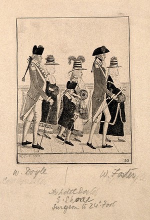 view William Doyle, Samuel Sone, and William Foster, walking on the North Bridge in Edinburgh, in uniform, each with a lady. Etching by J. Kay, 1784, after himself.