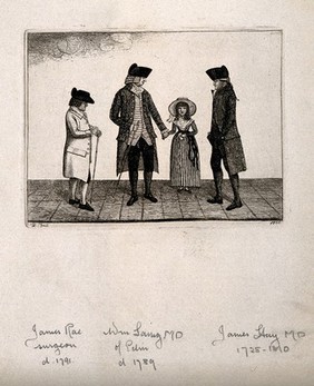 James Rae, James Hay, William Laing, and his niece, Miss Laing, standing on some planks. Etching by J. Kay, 1786.