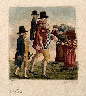 view Hamilton Bell carrying a vintner's boy on his back from Edinburgh to Musselburgh, accompanied by John Rae, a pair of fishwives walk in the other direction. Coloured etching by J. Kay, 1792, after himself.