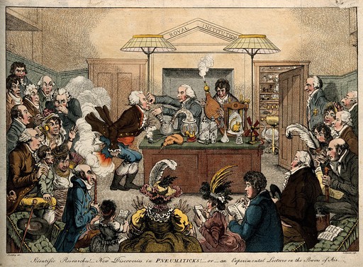 A lecture on pneumatics at the Royal Institution, London. Coloured etching by J. Gillray, 1802.