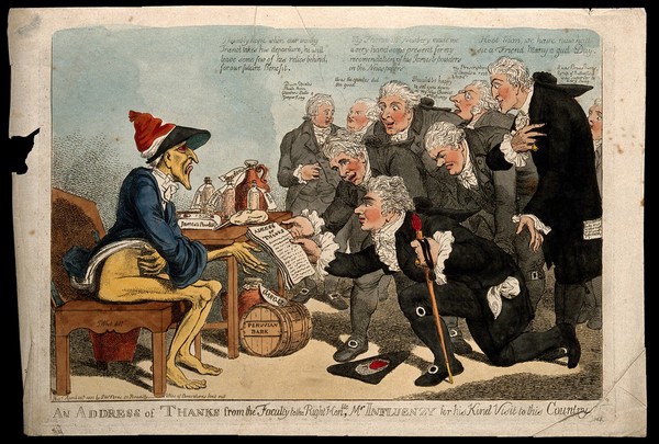 Physicians expressing their thanks to influenza. Coloured etching attributed to Temple West, 1803.