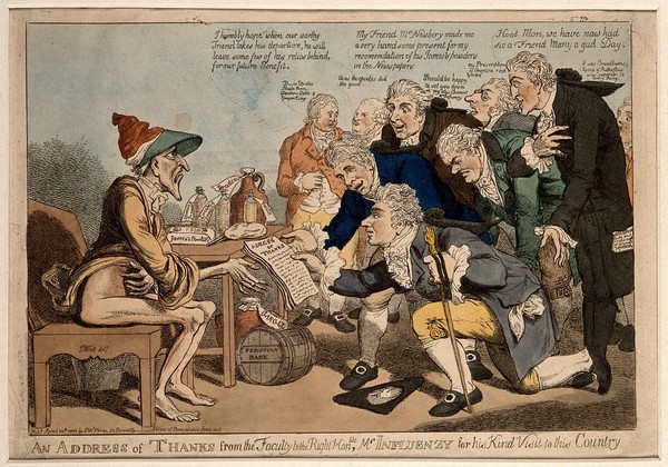 Physicians expressing their thanks to influenza. Coloured etching attributed to Temple West, 1803.