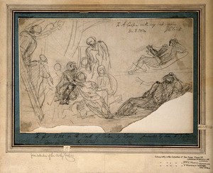 view The death of Lord Nelson below deck aboard HMS Victory at the battle of Trafalgar. Drawing by A.W. Devis, 1807.