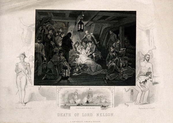 The death of Lord Nelson on the quarter deck aboard HMS Victory at the battle of Trafalgar. Engraving by J. Rogers after A. Devis, 1807.