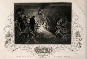 view The death of Lord Nelson on the quarter deck aboard HMS Victory at the battle of Trafalgar. Engraving by W. Hulland after A. Devis, 1807.