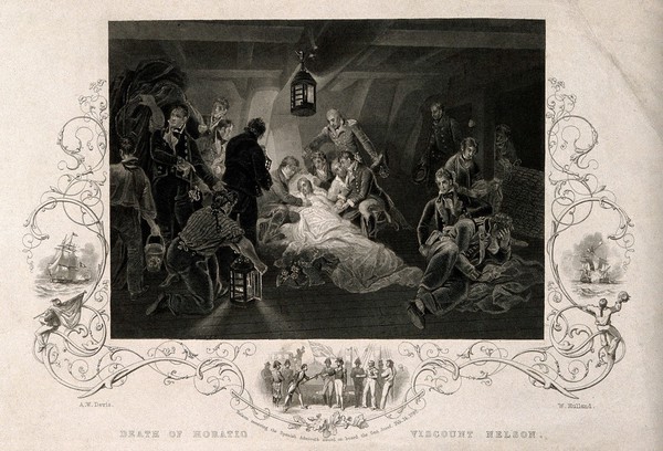 The death of Lord Nelson on the quarter deck aboard HMS Victory at the battle of Trafalgar. Engraving by W. Hulland after A. Devis, 1807.