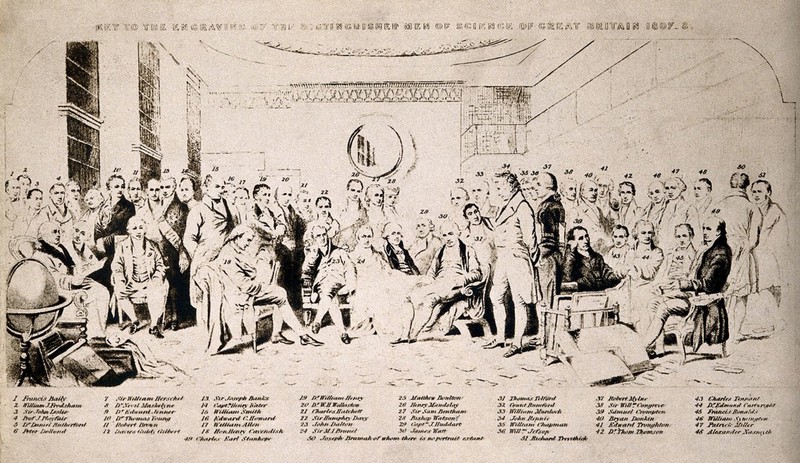 The distinguished men of science 1807-8: a key to the identities of the sitters. Photograph of engraving by W. Walker, 1862, after Sir J. Gilbert., 1862, by John Gilbert