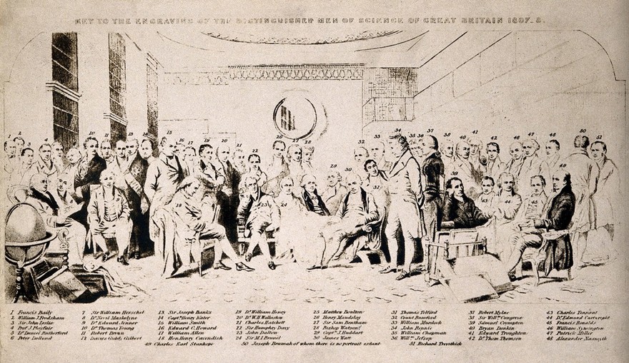 The distinguished men of science 1807-8: a key to the identities of the sitters. Photograph of engraving by W. Walker, 1862, after Sir J. Gilbert.