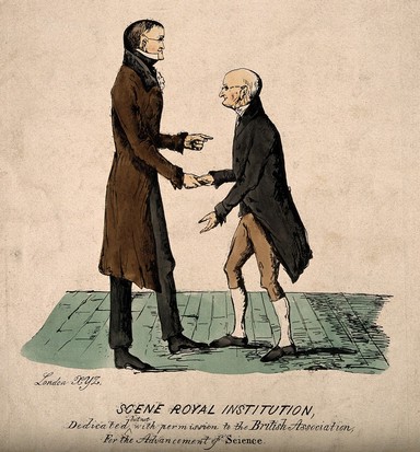 John Dalton shaking hands with Gerrit Moll, 1834, thanking him for defending British science. Coloured etching by Crichton.