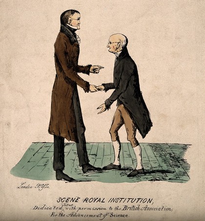 John Dalton shaking hands with Gerrit Moll, 1834, thanking him for defending British science. Coloured etching by Crichton.