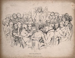 view Contributors to Frazer's Magazine, sitting around a dining table, talking, smoking and drinking. Lithograph by D. Maclise [A. Croquis], 1835.