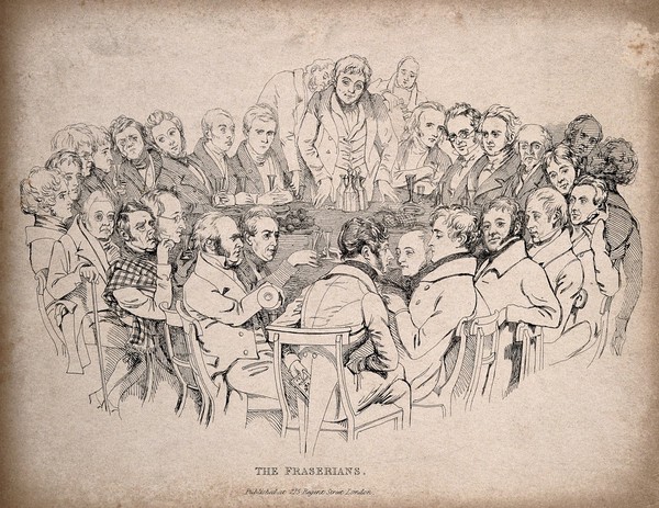 Contributors to Frazer's Magazine, sitting around a dining table, talking, smoking and drinking. Lithograph by D. Maclise [A. Croquis], 1835.