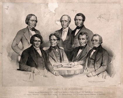 Members of the medical faculty at Edinburgh University, gathered around a table. Lithograph by Schenck and McFarlane after L. Ghémar, ca.1850.