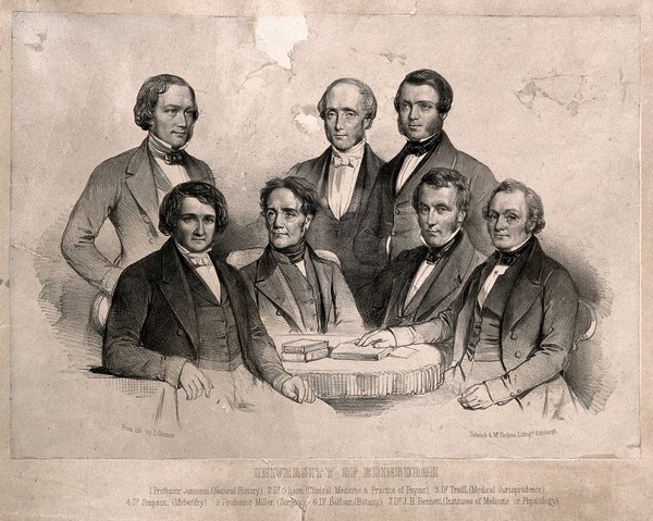 Members of the medical faculty at Edinburgh University, gathered around a table. Lithograph by Schenck and McFarlane after L. Ghémar, ca.1850.