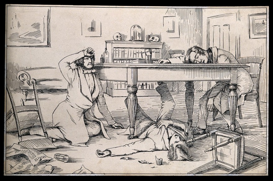 Sir J. Y. Simpson and two friends, having tested chloroform on themselves, lying insensible on the floor around a table. Pen and ink drawing.
