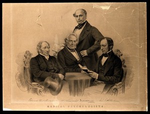 view Celebrated psychologists, gathered around a table. Lithograph by G.B. Black after J.E. Mayall, 1851.