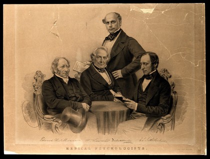 Celebrated psychologists, gathered around a table. Lithograph by G.B. Black after J.E. Mayall, 1851.