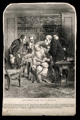 The death of the Duke of Wellington, with doctors gathered around him. Wood engraving by J.L. Williams after J. Gilbert, 1852.