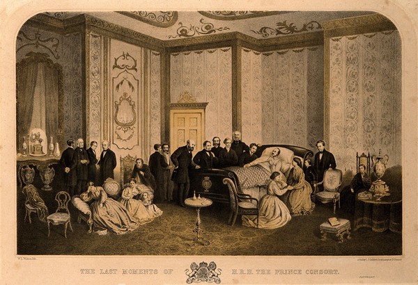 Albert, Prince Consort, on his deathbed at Windsor Castle, with members of the royal family and the royal household in attendance, 14 December 1861. Lithograph by W.L. Walton after Oakley, c.1865.