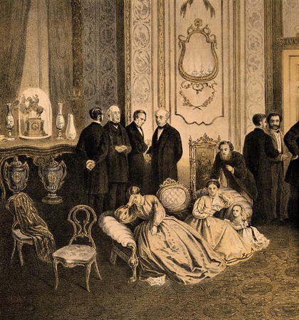 Albert, Prince Consort, on his deathbed at Windsor Castle, with members of the royal family and the royal household in attendance, 14 December 1861. Lithograph by W.L. Walton after Oakley, c.1865.
