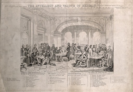 A large group of British inventors, politicians and military men: a key to the identities of the sitters. Engraving by C.G. Lewis, 1863, after T.J. Barker.