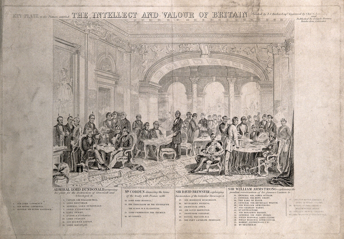 British inventors, politicians and military men: a key to the identities of the sitters. Engraving by C.G. Lewis, 1863, after T.J. Barker., 10 August 1863, by Thomas Jones Barker