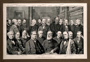 view Some Fellows of the Royal Society: with a key to the identities of the sitters. Wood engraving, 1889.