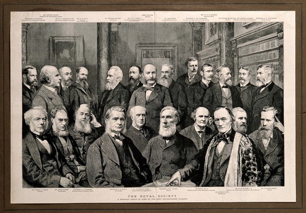 Some Fellows of the Royal Society: with a key to the identities of the sitters. Wood engraving, 1889.