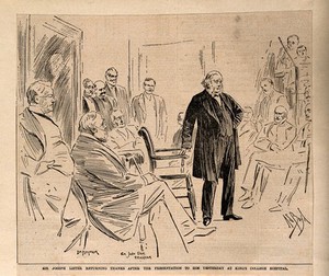 view Joseph Lister giving thanks for a testimonial and portrait presented to him at King's College Hospital, Lincoln's Inn Fields, 1895. Process print after A.S. Boyd, 1895.