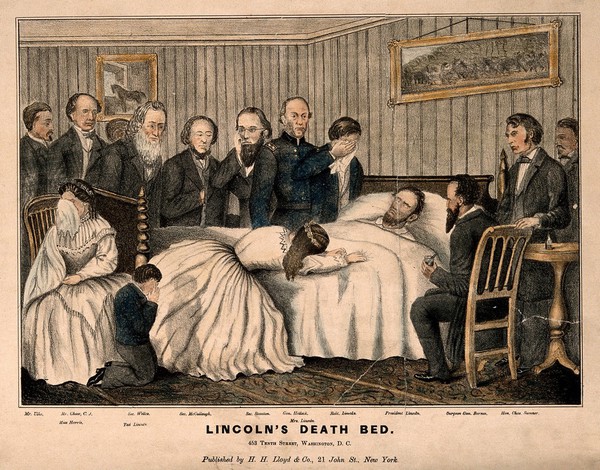 The death of President Abraham Lincoln in Washington, 1865. Coloured lithograph.