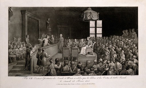 The Institut National des Sourds-Muets, Paris: interior during the visit of Pope Pius VII. Aquatint with etching by Marlé after himself, 1805.