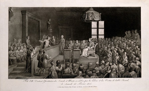 The Institut National des Sourds-Muets, Paris: interior during the visit of Pope Pius VII. Aquatint with etching by J.H. Marlet, 1805.