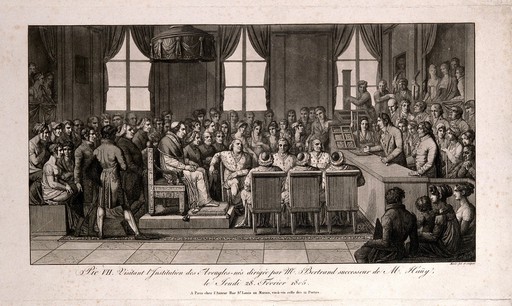 The Institut National des Aveugles-nés, Paris: interior during the visit of Pope Pius VII. Aquatint with etching by Marlé after himself, 1805.