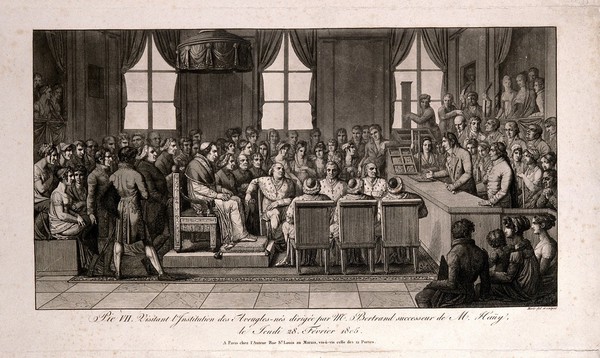 The Institut National des Aveugles-nés, Paris: interior during the visit of Pope Pius VII. Aquatint with etching by Marlé, 1805.