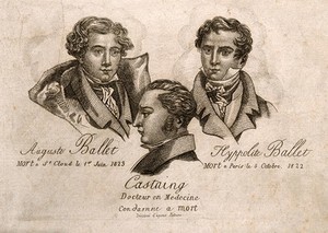 view Edme-Samuel Castaing, the poisoner, and his two victims: Auguste and Hippolite Ballet. Engraving.