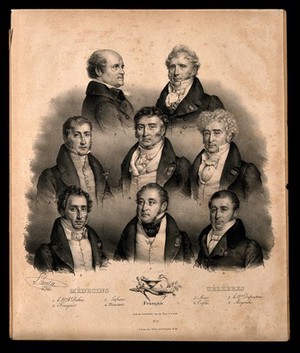 view Eight famous French doctors. Lithograph by J.F.G. Llanta, 1832.