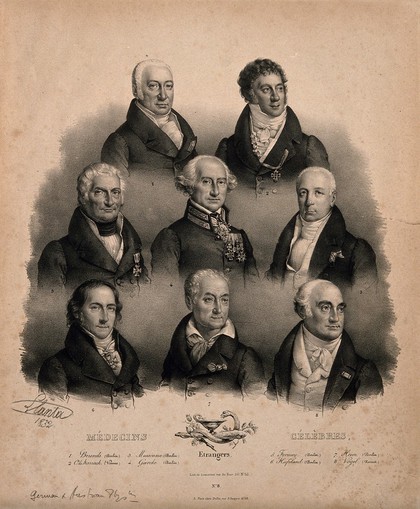 Eight famous European doctors. Lithograph by J.F.G. Llanta, 1832.