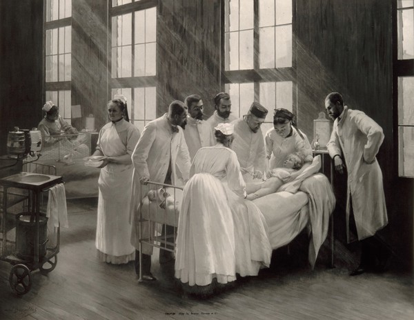 An injection against croup at the Hôpital Trousseau, Paris. Photogravure by Bruun Clement, 1899, after P.A.A. Brouillet, 1893.
