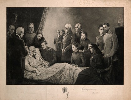 The death of Prince von Bismark (?), with his family gathered around him. Lithograph (?) 1898.