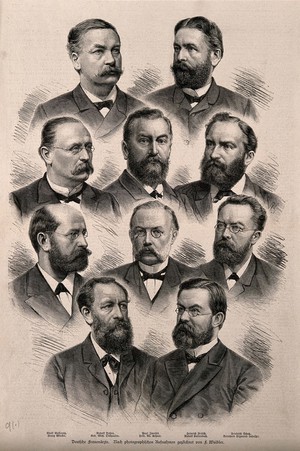 view Ten German gynaecologists. Wood engraving by F. Waibler, 1890, after photographic portraits.