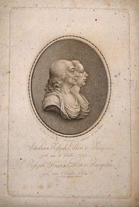 Nicholas Joseph, Freiherr von Jacquin, and his brother Joseph Franz. Line engraving by Mathieu, 1802, after a wax medallion by L. Posch.