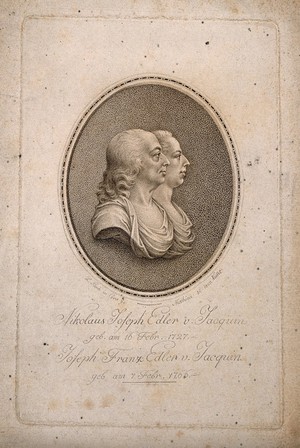 view Nicholas Joseph, Freiherr von Jacquin, and his brother Joseph Franz. Line engraving by Mathieu, 1802, after a wax medallion by L. Posch.