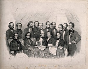 view Medical professors at the University of Vienna. Lithograph by J. Stadler, 1855, after A. Prinzhofer, 1853.