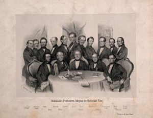 view Medical professors at the University of Vienna. Lithograph by J. Stadler, 1856, after A. Prinzhofer, 1853.