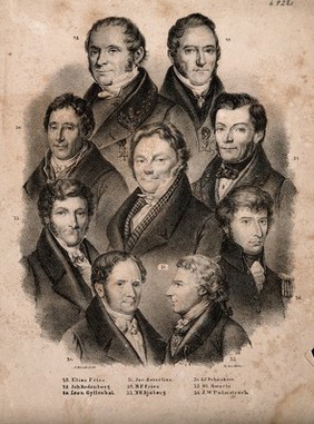 Nine famous Swedish doctors, numbered with a key from 28-36. Lithograph by A. Hardh.