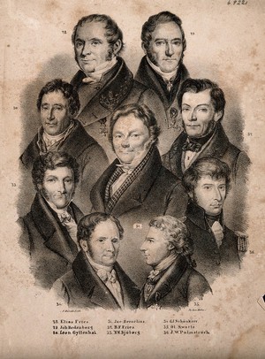 view Nine famous Swedish doctors, numbered with a key from 28-36. Lithograph by A. Hardh.