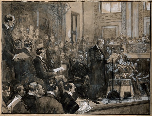 Robert Koch reading his address to a conference at St. James's Hall, Piccadilly. Gouache by F.C. Dickinson, 1901.
